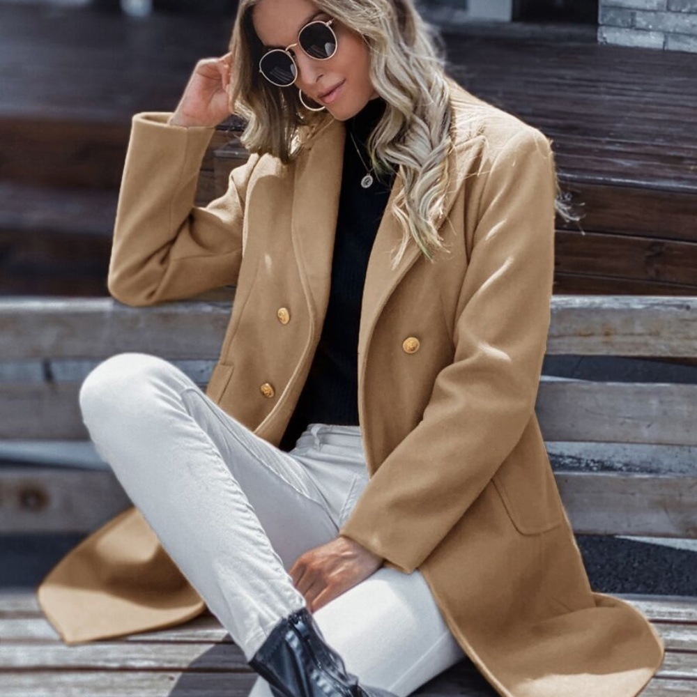 khaki double breasted trench pea coat jacket - Picture 2 of 6